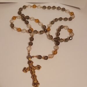 Gold and Brown Beaded Cross Necklace